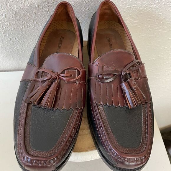 Johnston & Murphy Two Tone Brown and Black Tassel Kiltie Loafer Shoes 7.5M EUC - Picture 1 of 7